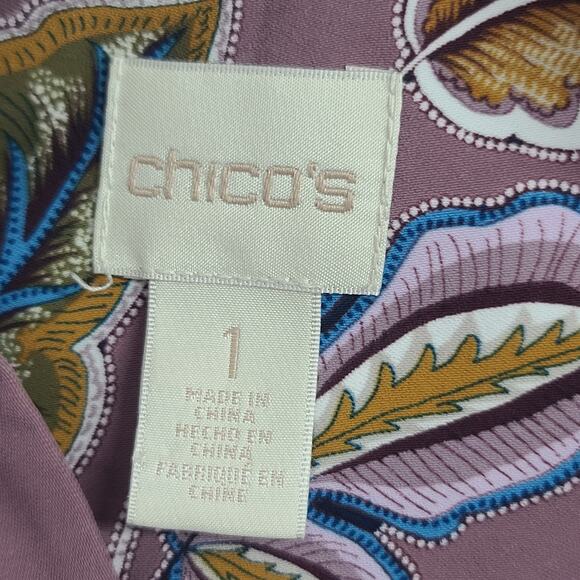 Chicos Top Blouse Mauve Paisley Floral 1 Med Purple Blue Jacobean Bouquet Ruffle - Picture 2 of 12